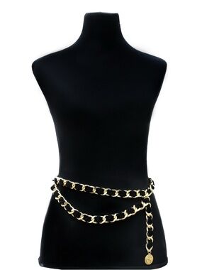 Gold Chain Link Waist Belt with Black Leather Weave